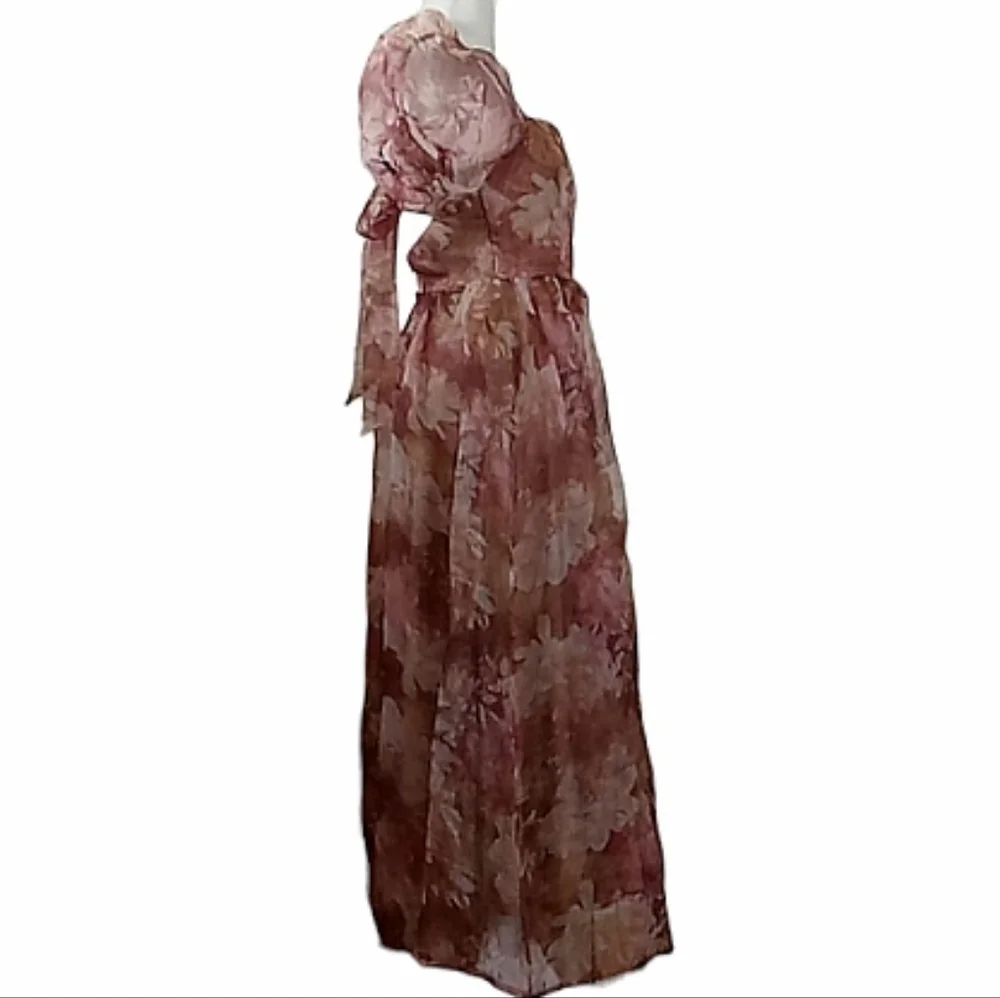Lulus Lovely Statement Floral Organza Tie Back Puff Sleeve Midi Dress Size Small
